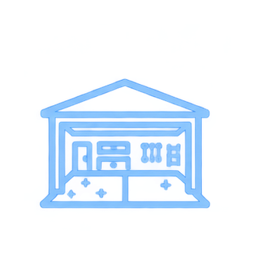 Neon sign of a house showing a workshop or garage with tools and equipment inside.