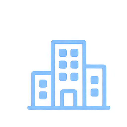 Drawing of a city skyline with four stylized buildings outlined in blue.