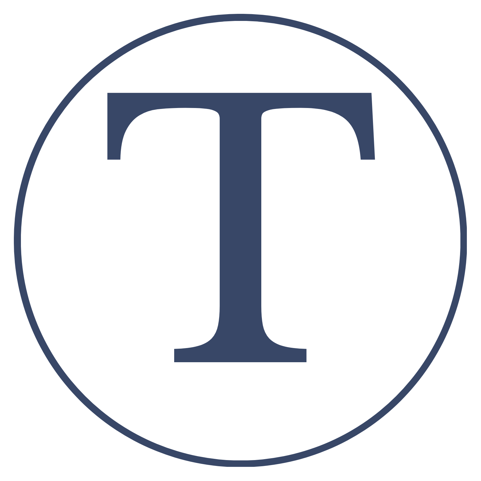 Logo with a large navy letter 'T' inside a white circle outlined in navy, on a black background.