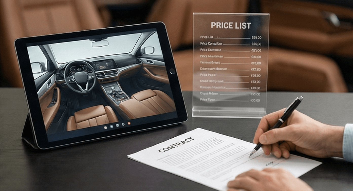 Процес укладання угоди: на столі планшет із 3D-дизайном салону, підписання контракту та прозорий прайс-лист