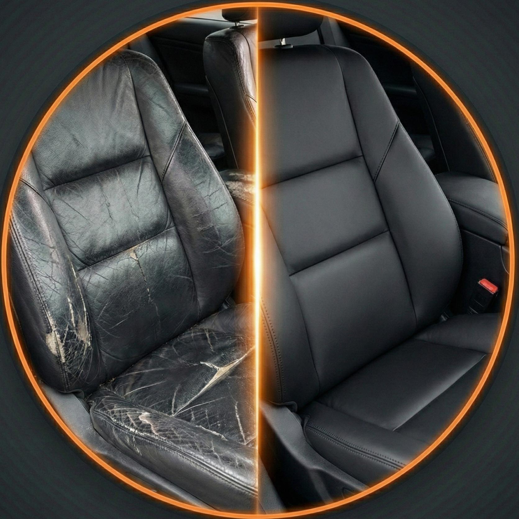 Реставрація шкіряного сидіння: порівняння зношеної потрісканої шкіри та відновленого стану нового