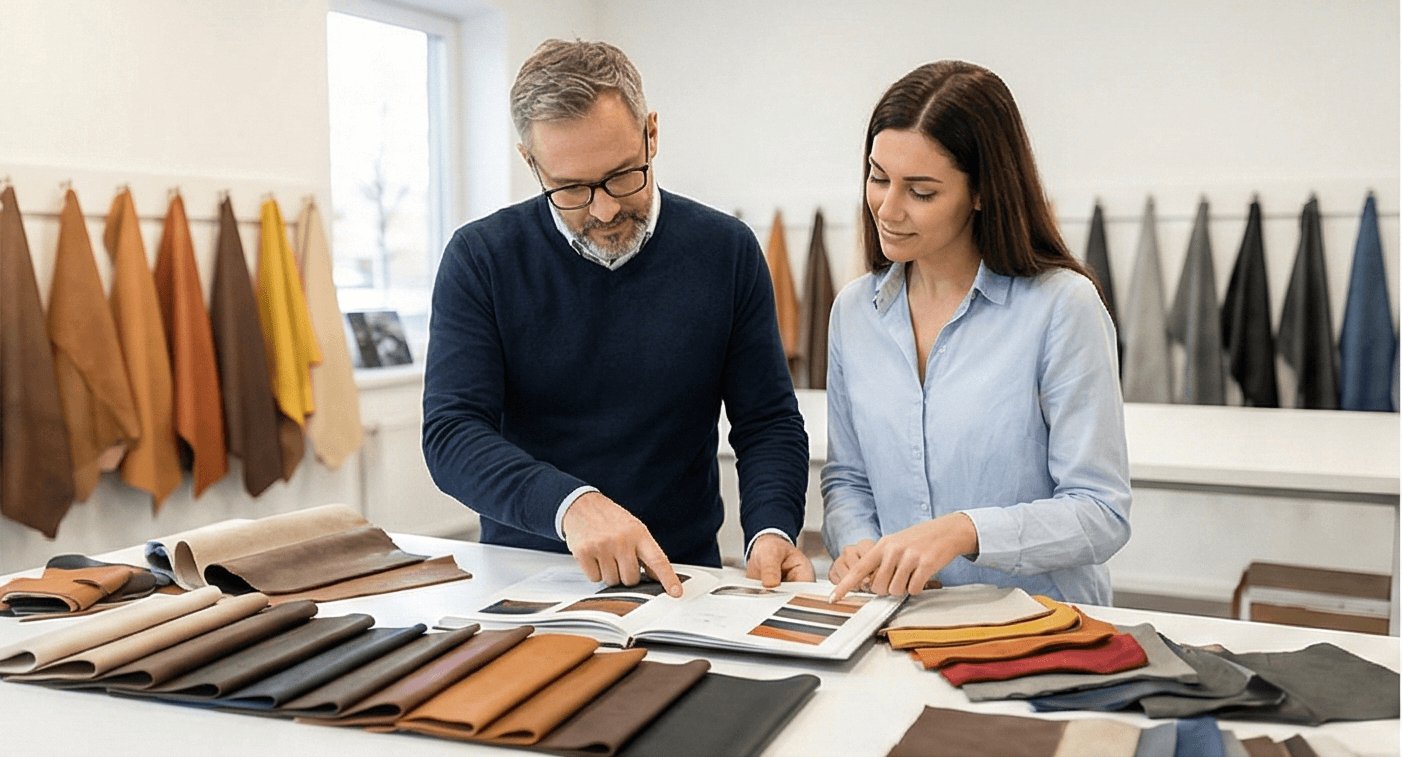 Дизайнер та клієнтка в шоурумі обирають матеріали для перетяжки салону, розглядаючи зразки шкіри на столі