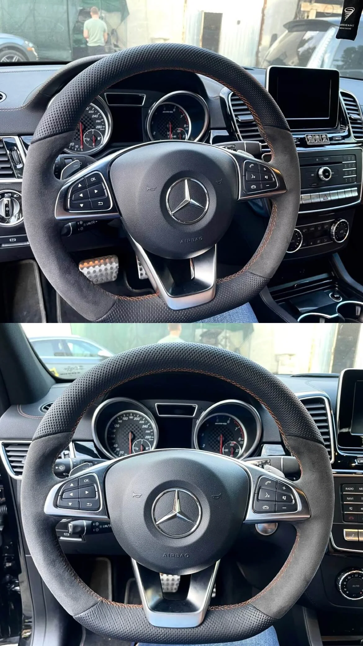 Комбінована перетяжка керма Mercedes: чорна алькантара зверху та знизу, перфорація з боків, коричнева нитка