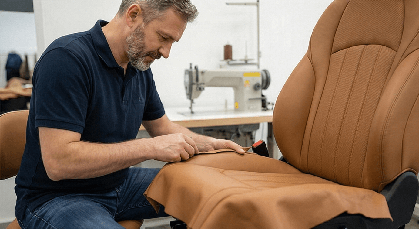 Майстер автоательє ретельно обтягує сидіння коричневою шкірою у майстерні на фоні швейної машини