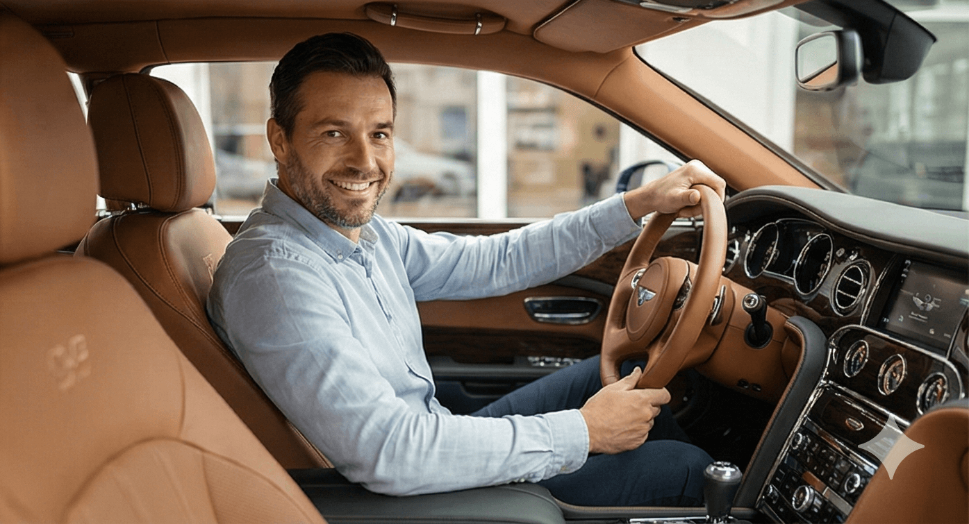 Задоволений клієнт посміхається, сидячи за кермом автомобіля з новим розкішним шкіряним салоном коричневого кольору