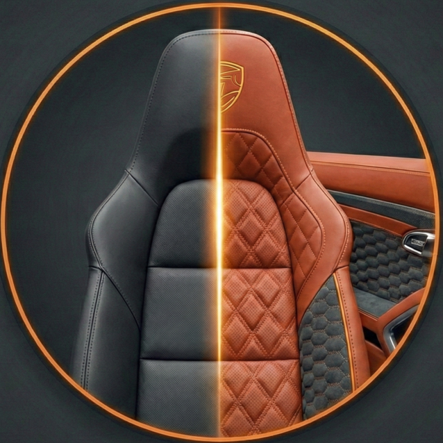 Тюнінг автокрісла: заміна штатної чорної оббивки на преміальну коричневу шкіру з стьобанням ромбом
