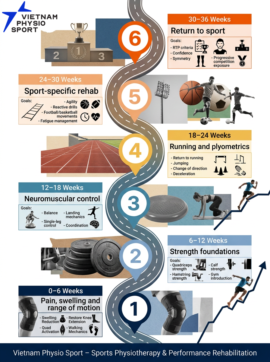 Infographic showing the 6 phases of ACL rehabilitation from surgery to return to sport at Vietnam Physio Sport.