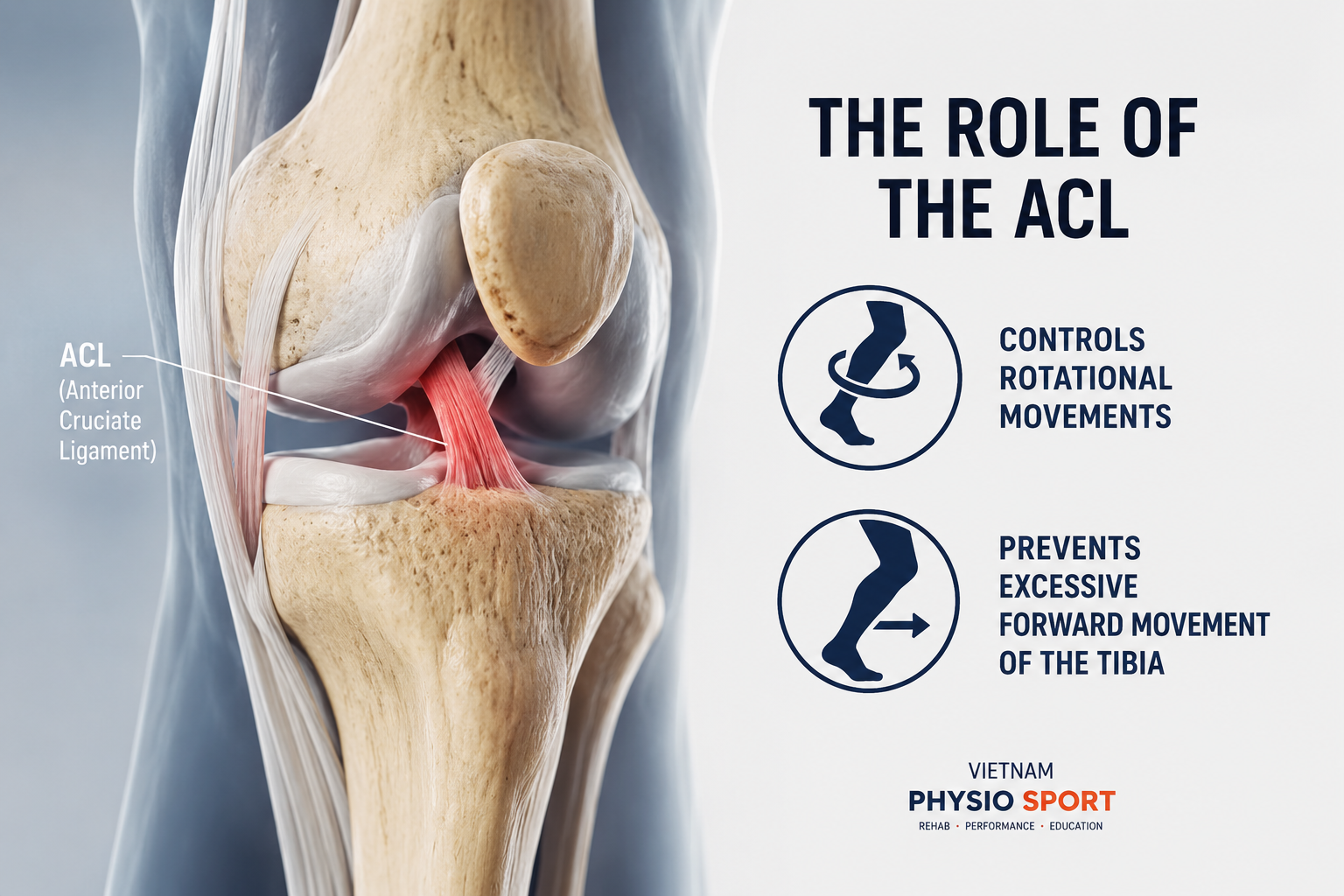 Anatomical illustration of the ACL ligament inside the knee showing its role in rotational stability and preventing excessive forward movement of the tibia.