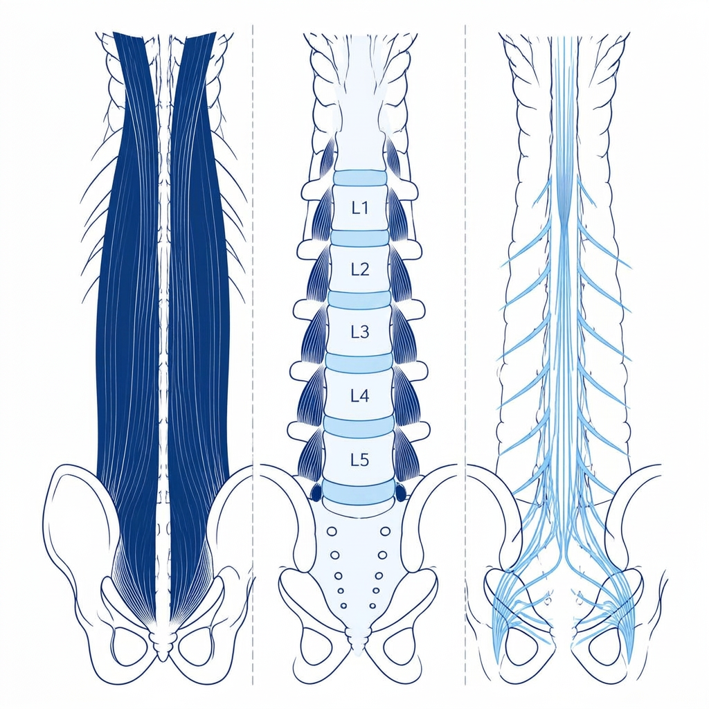 Basic anatomy of the lumbar spine including vertebrae, discs and nerves
