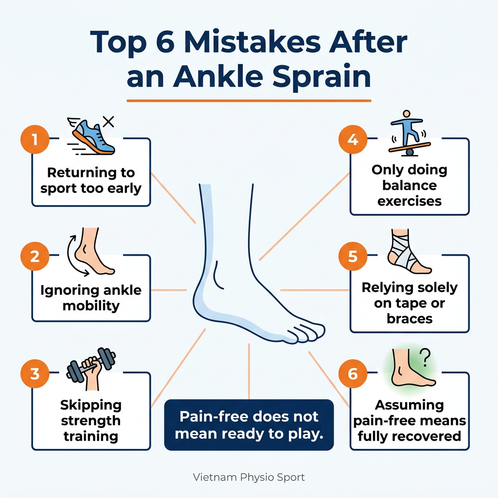 Infographic highlighting common mistakes that delay recovery after an ankle sprain.