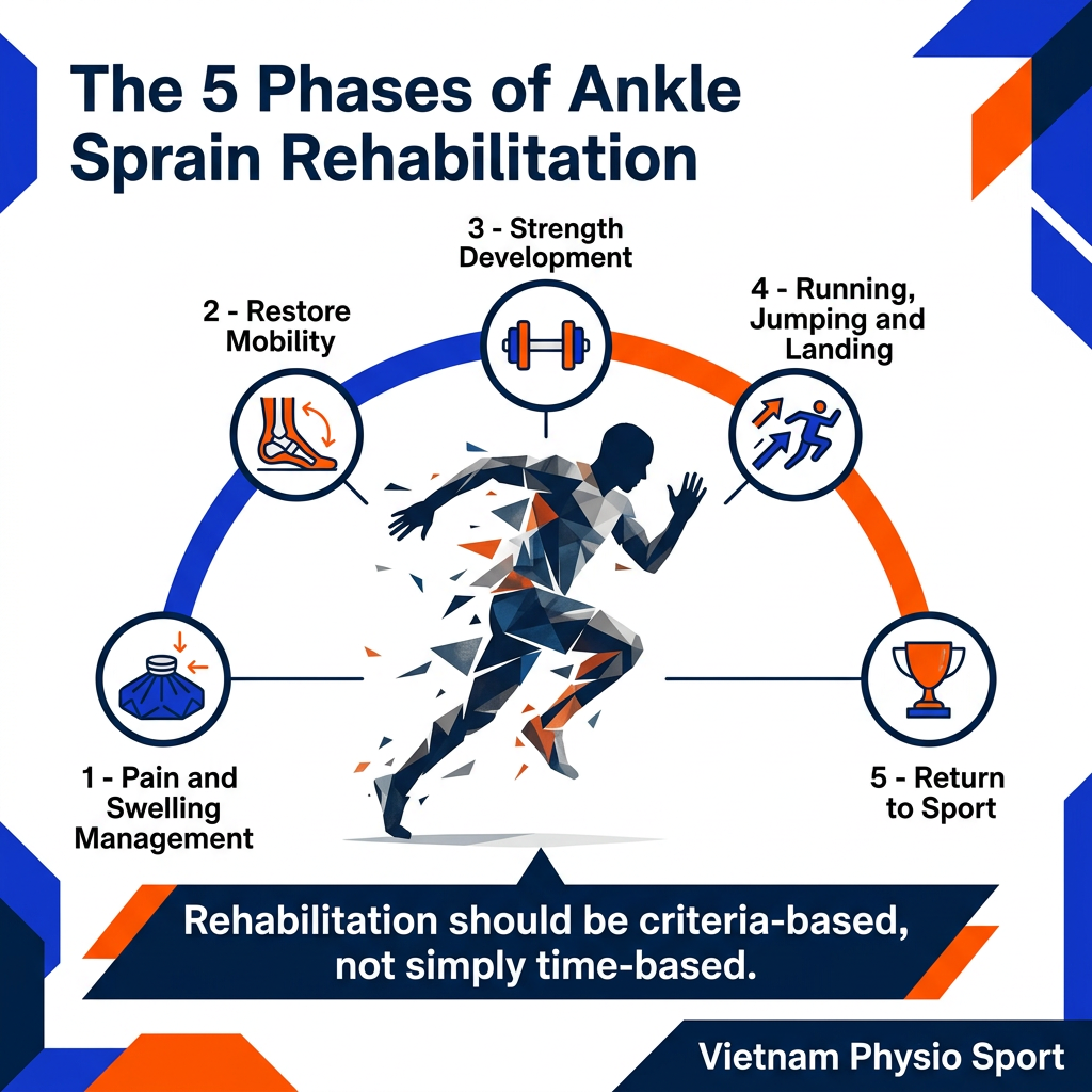 Timeline infographic showing the five phases of ankle sprain recovery and rehabilitation.