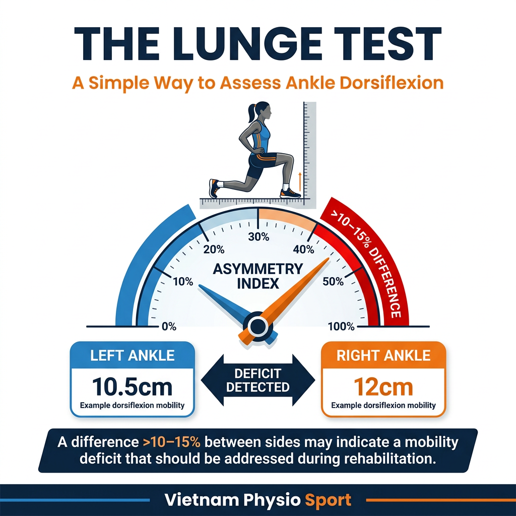 Athlete performing the knee-to-wall lunge test to assess ankle dorsiflexion after an ankle sprain.