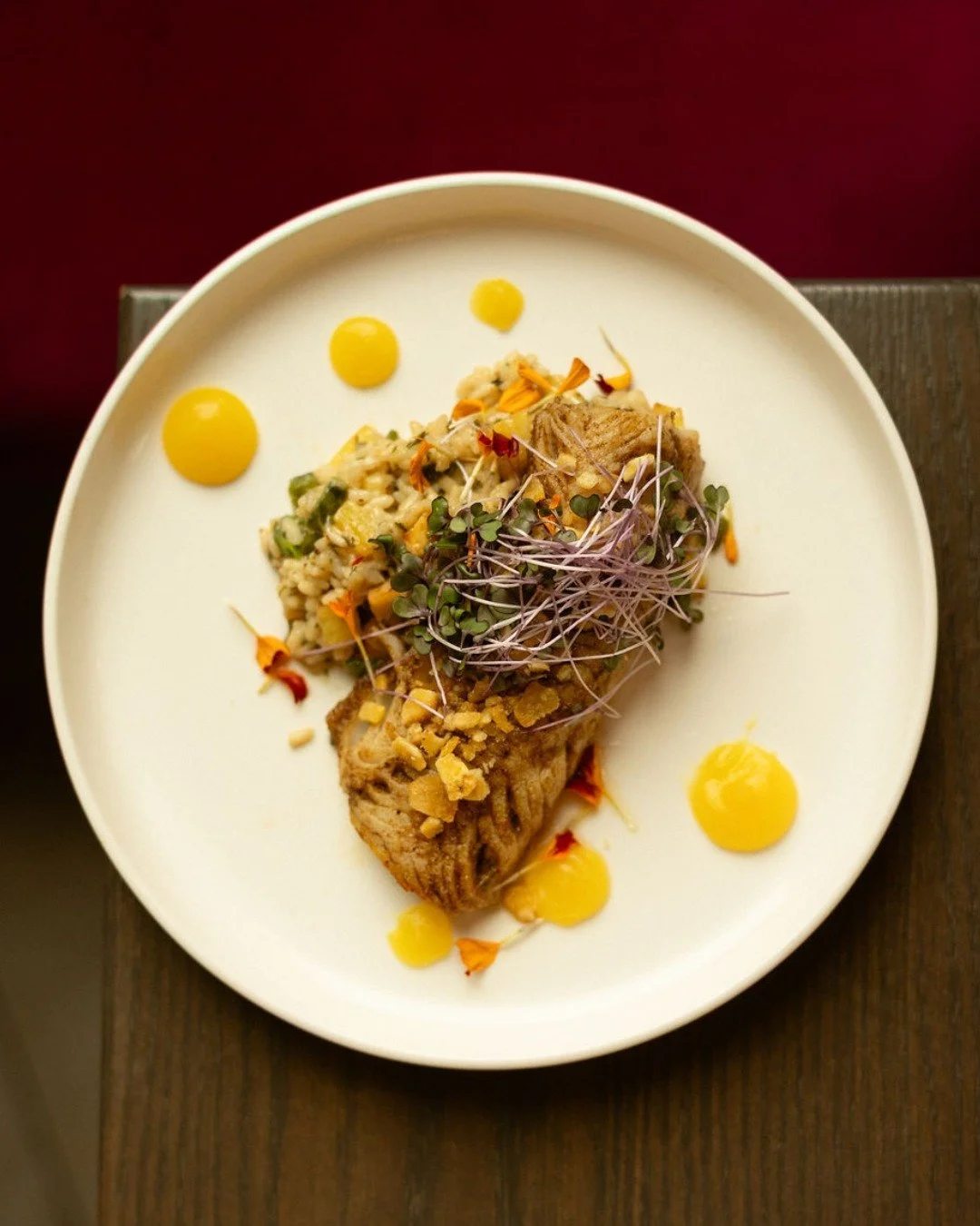 That yellow though. 💛 🌼 ☀️

Jerk Barramundi with coconut risotto, smoked pineapple, poblano, mango gelee &amp; plantain chips. One of the bold new plates at The Ledger.

Your table's waiting. Link in bio to reserve.

#TheLedgerPlymouth #PlymouthMI 