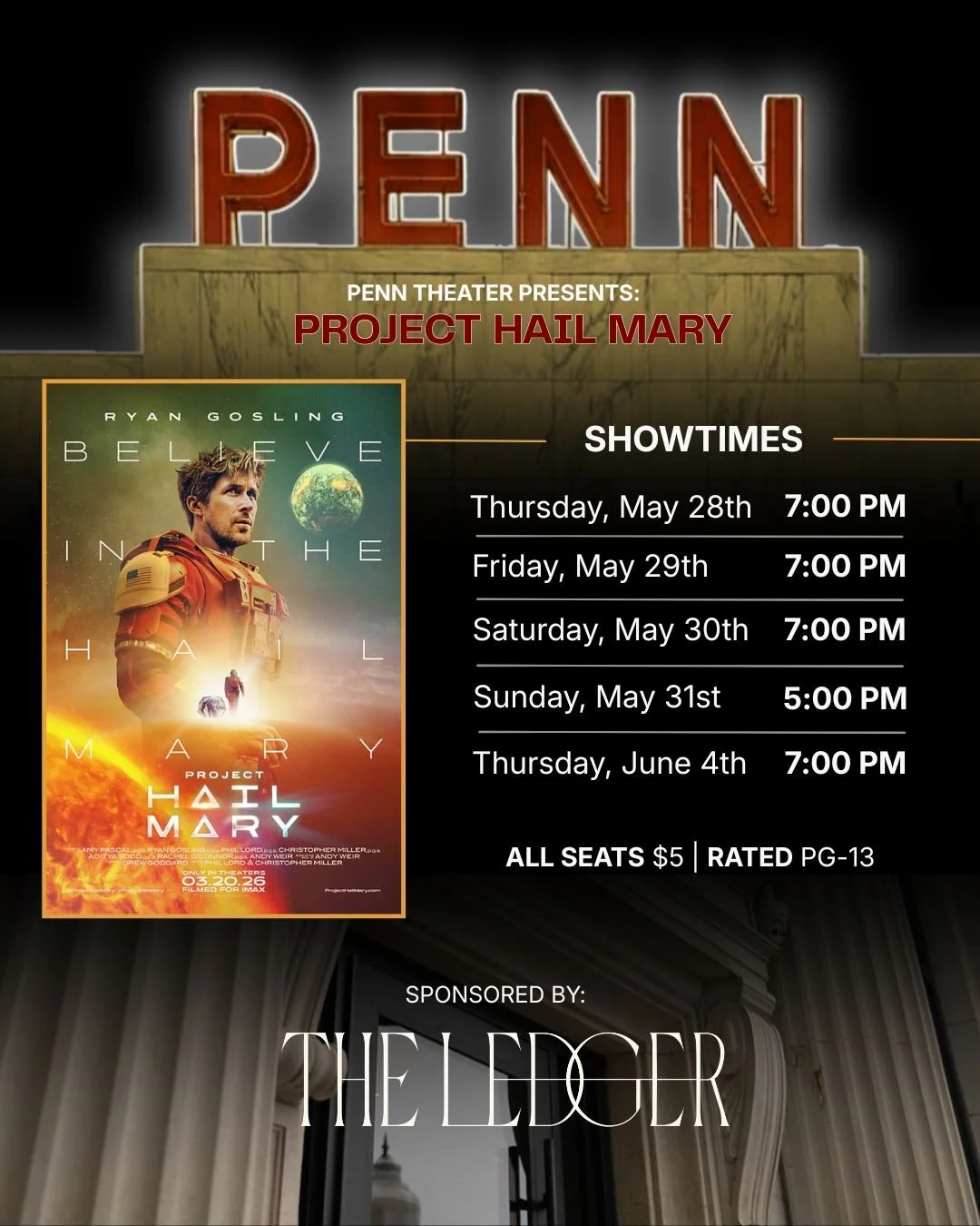 Catch Project Hail Mary on the big screen starting this Thursday, May 28th 🍿

The Ledger is proud to sponsor showings at Penn Theatre in Downtown Plymouth 🎬✨

#penntheatre #projecthailmary #theledgerplymouth