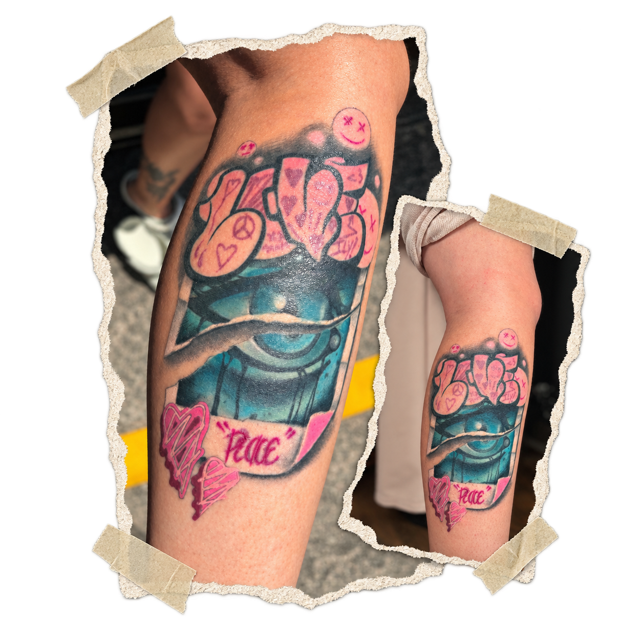 Healed surreal eye Polaroid graffiti Tattoo by Slush Tattoos