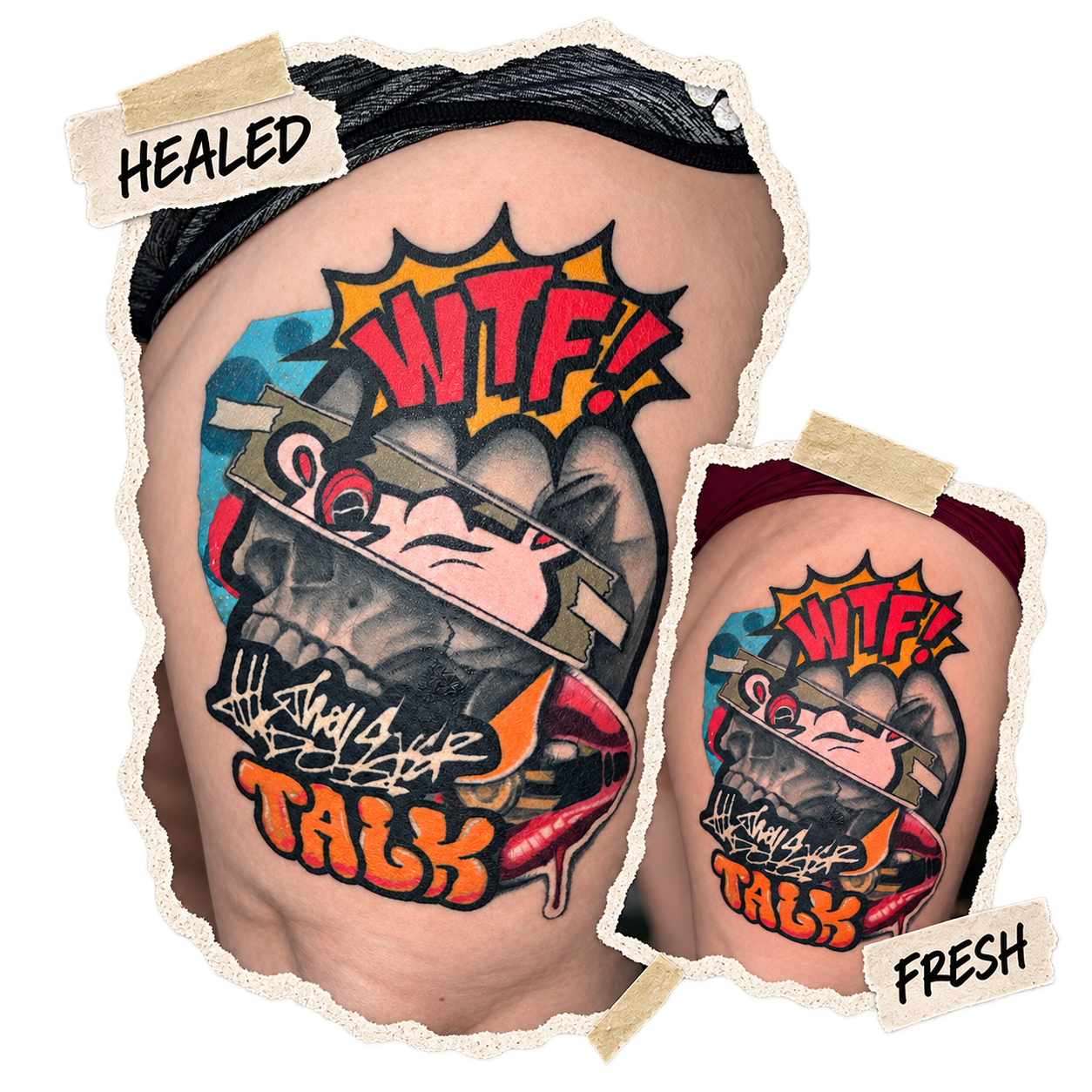 Healed graphic skull collage thigh tattoo by Slush Tattoos