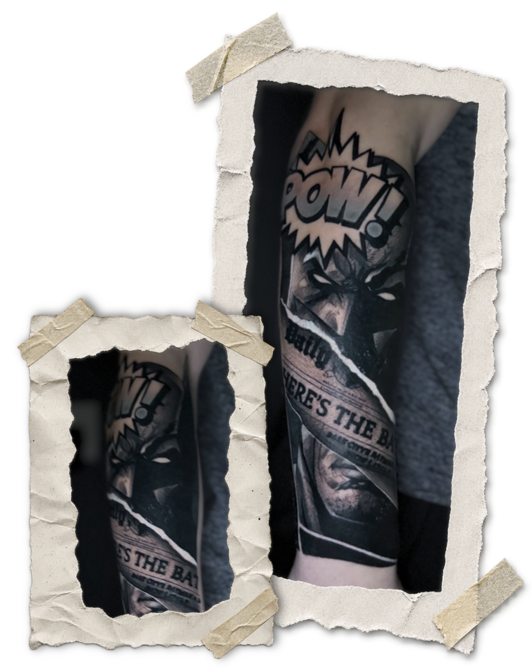 Batman Comic and newspaper collage forearm tattoo by Slush Tattoos