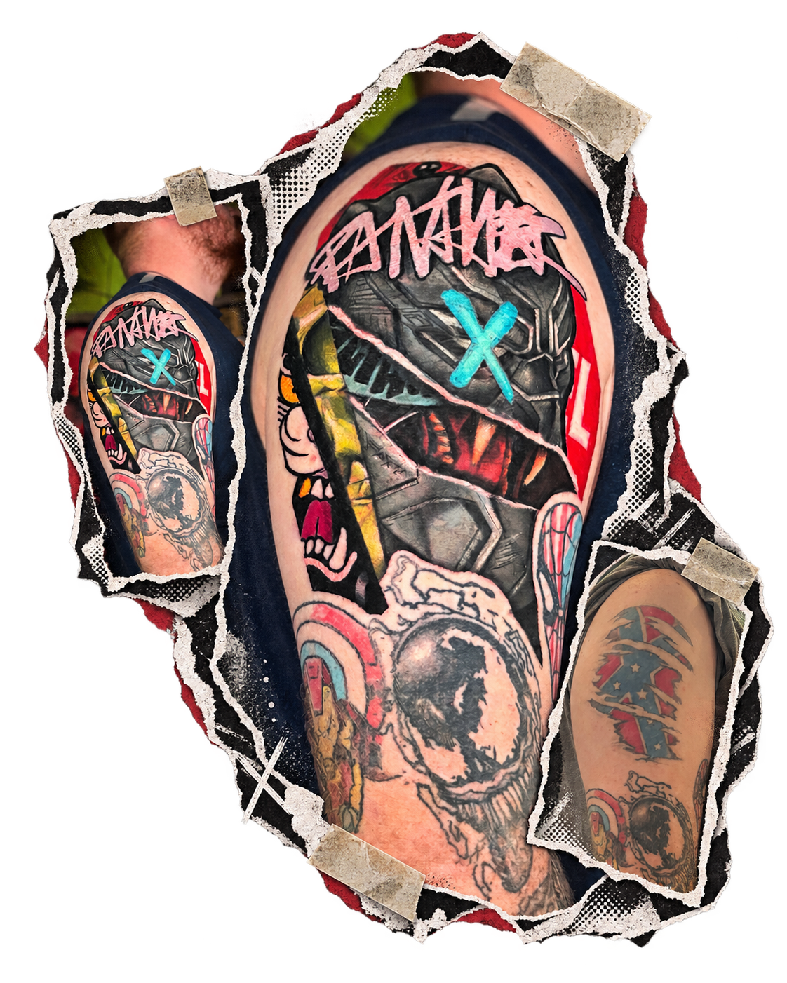 Black Panther upper-arm coverup tattoo with graphic collage elements by Slush Tattoos