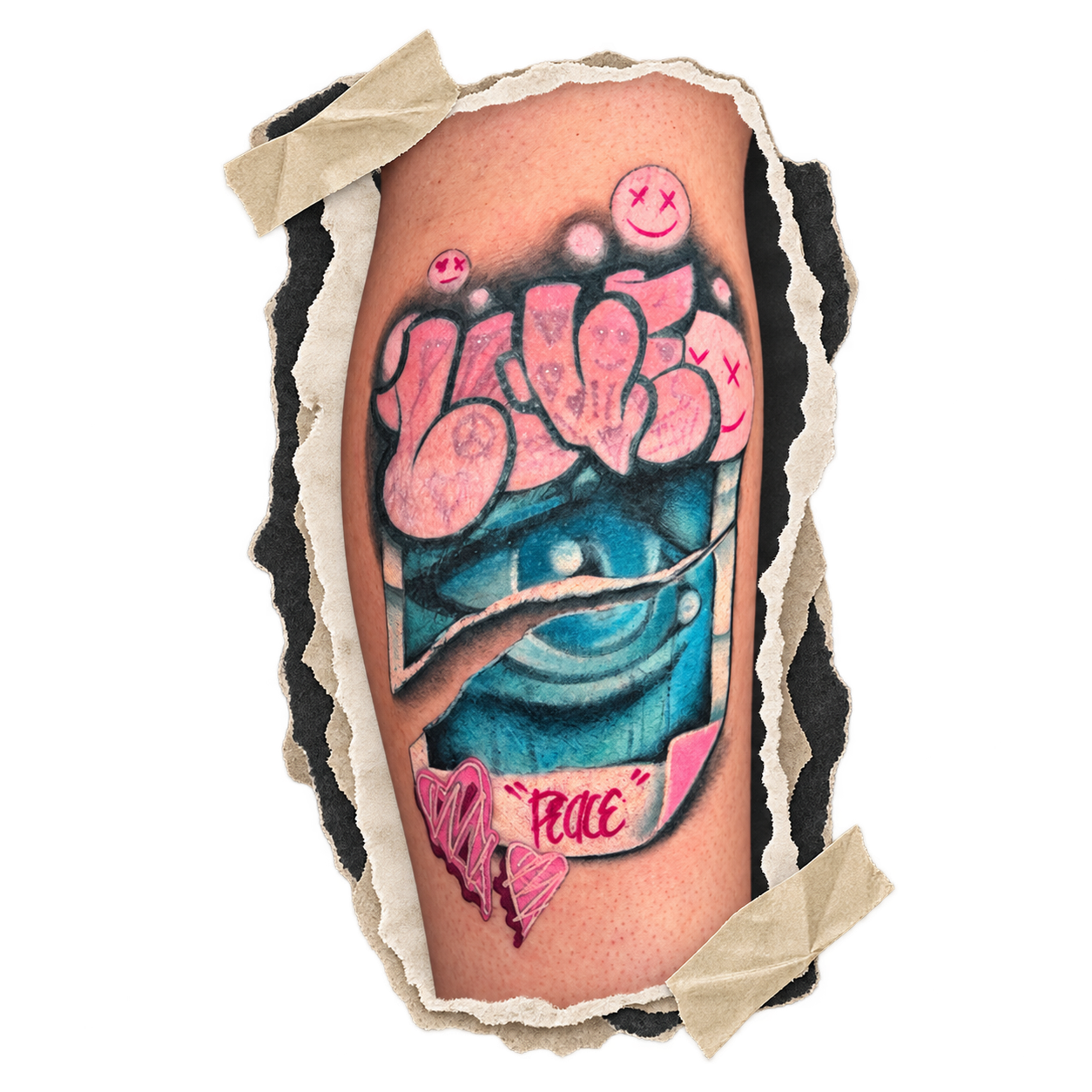 surreal eye and graffiti collage calf tattoo by Slush Tattoos