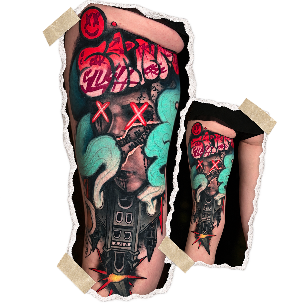 Surreal portrait thigh tattoo with burning church, graffiti and blue smoke