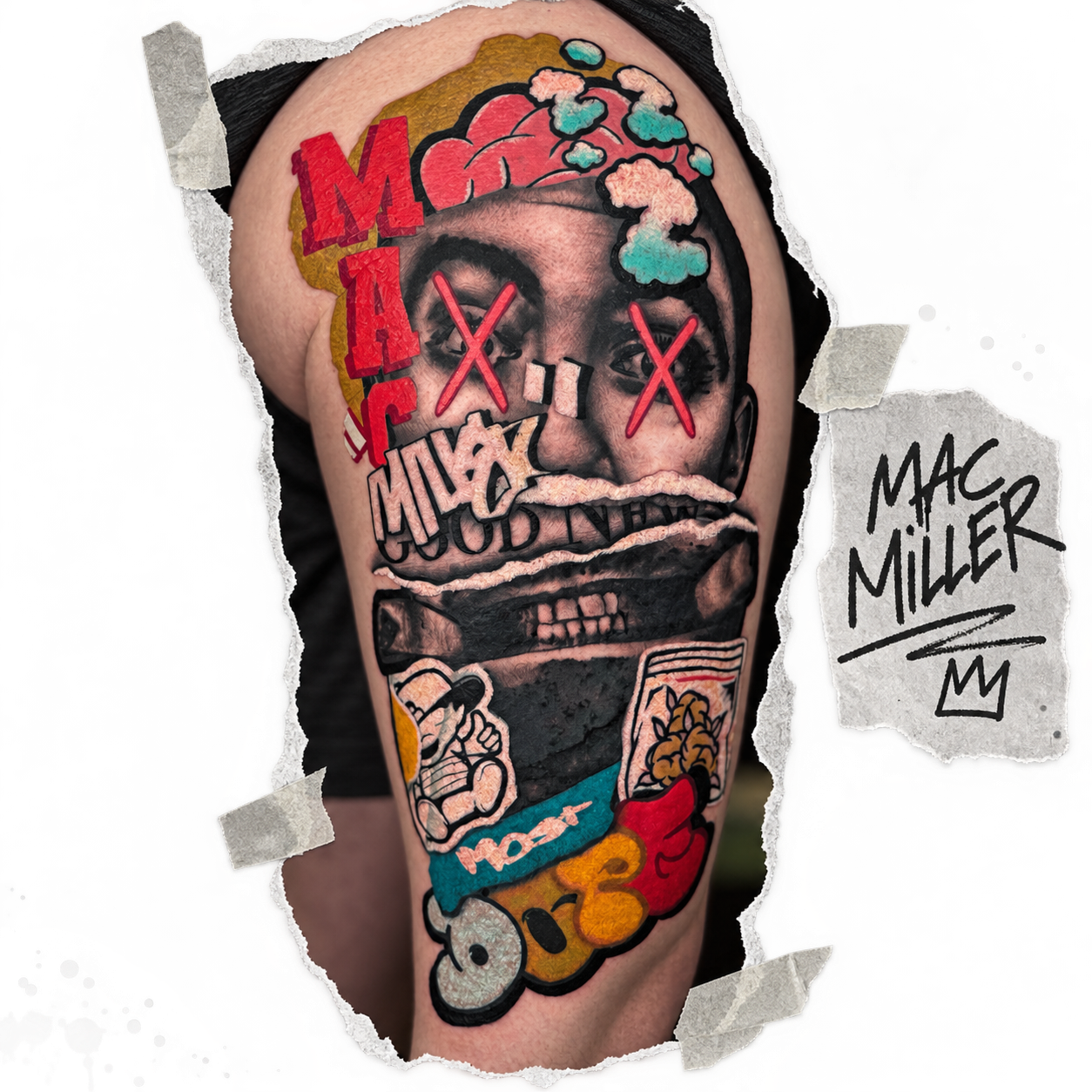 Large-scale Mac Miller portrait collage thigh tattoo by Slush Tattoos