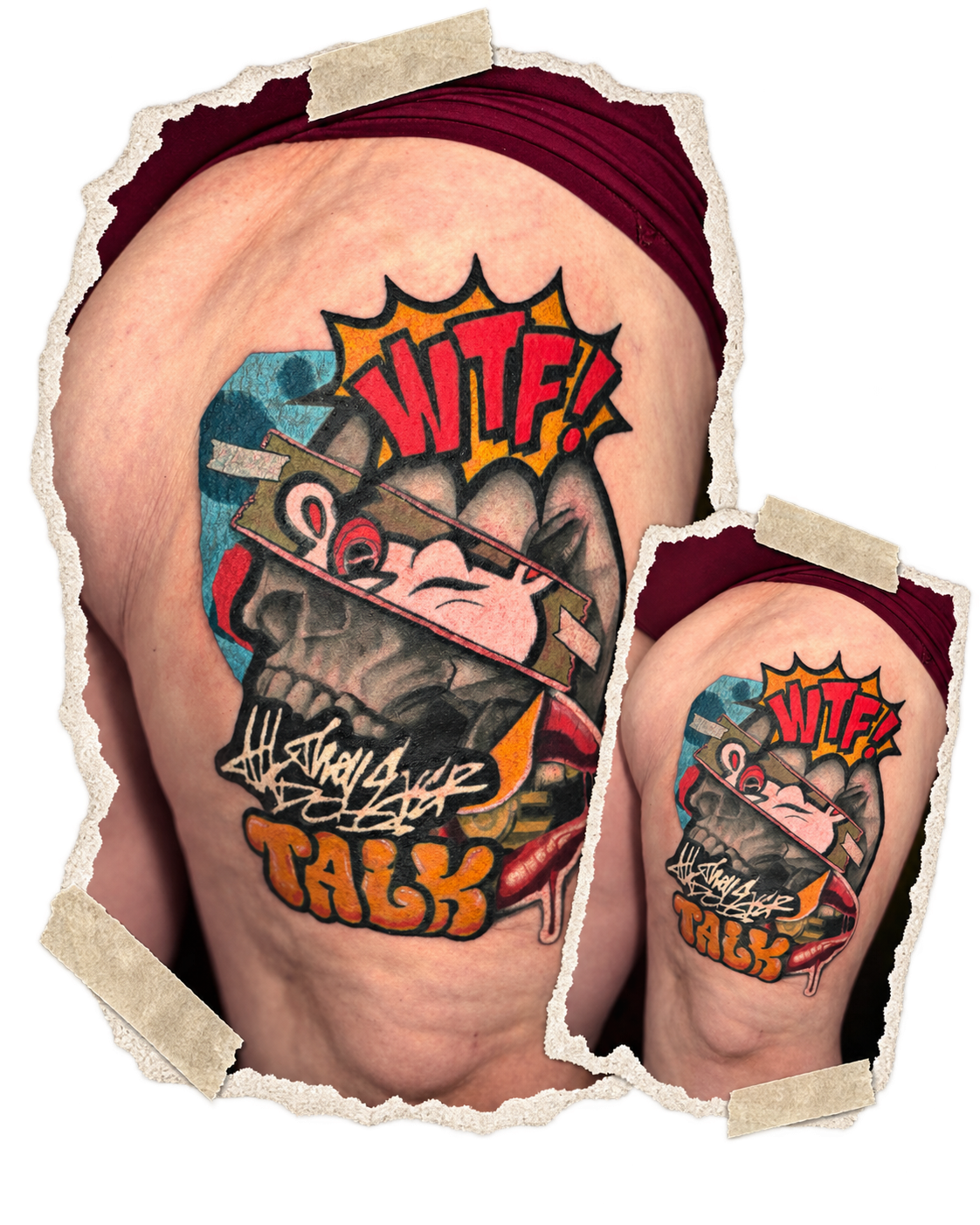 Color graphic collage thigh tattoo with graffiti, cartoons and skull imagery by Slush Tattoos