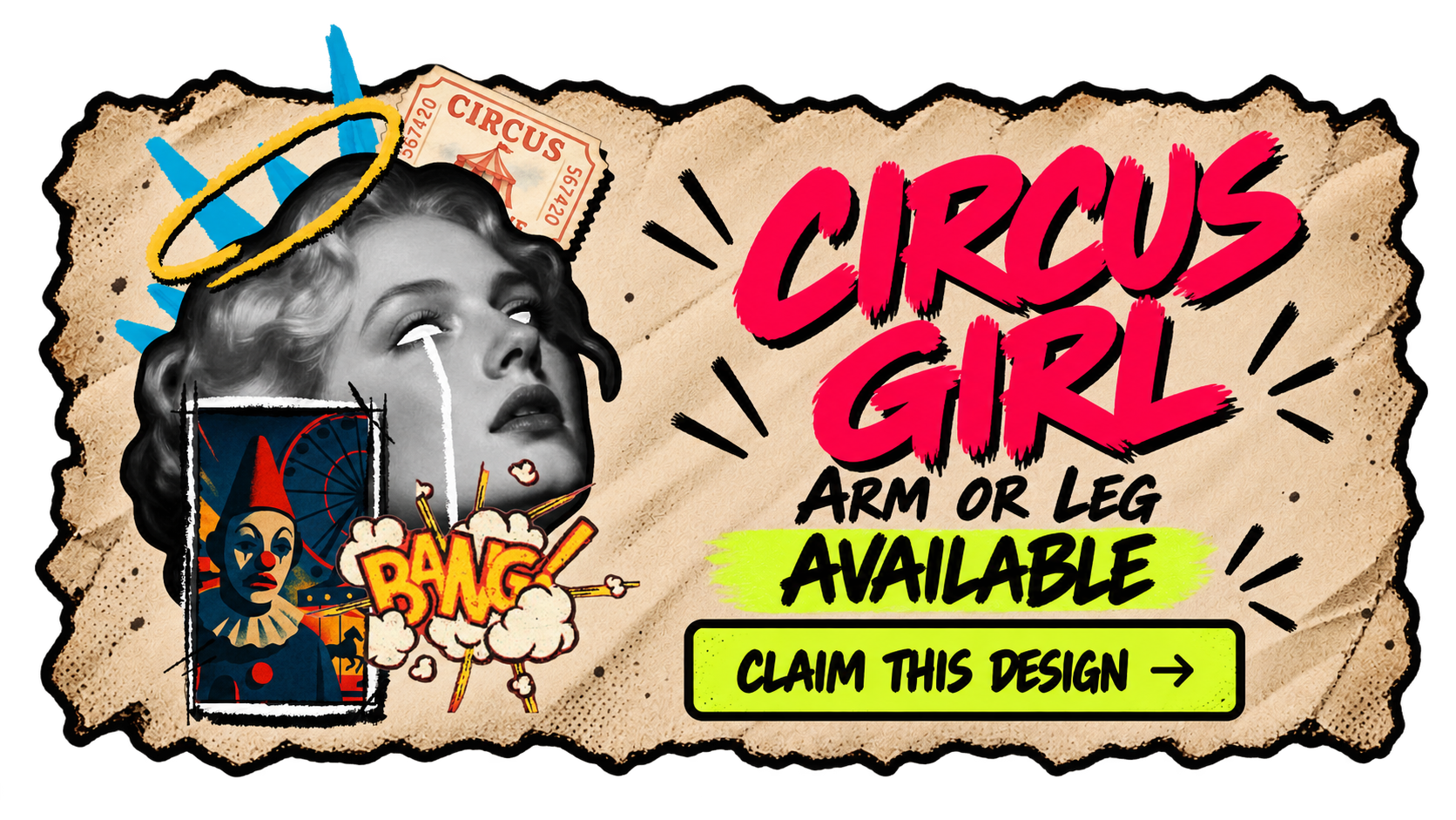 Circus girl portrait collage tattoo design available from Slush Tattoos