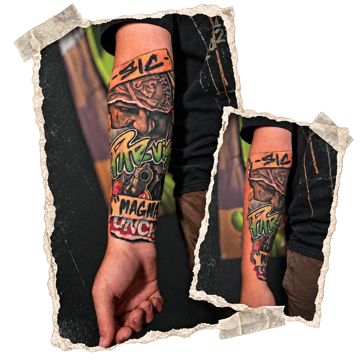 Nathan Drake Uncharted collage forearm tattoo with realistic and graphic elements