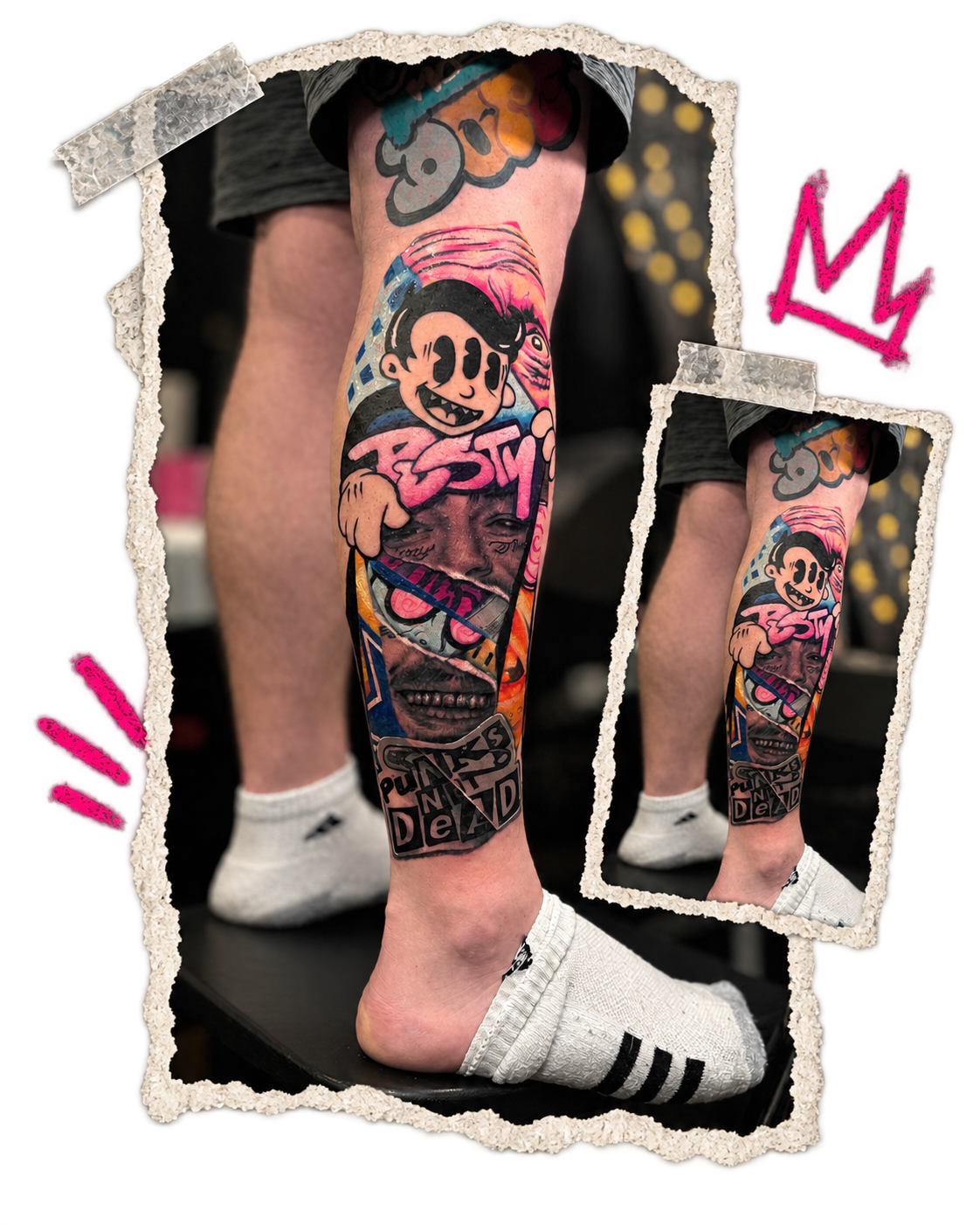 Custom Post Malone color collage calf tattoo by Slush Tattoos