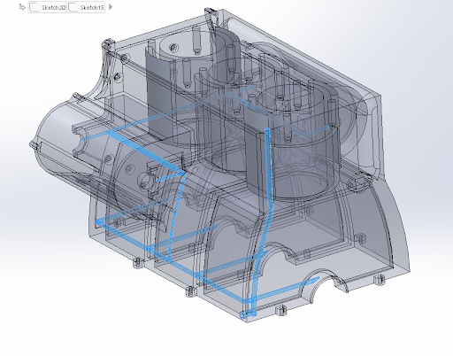 Fig 5. Lubrication channels designed for the oil flow through engine block and up towards cylinder head