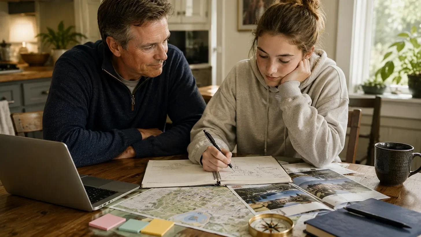 An older man and a young woman sit at a wooden table, planning with a laptop, maps, and photographs, in a well-lit kitchen or dining area.