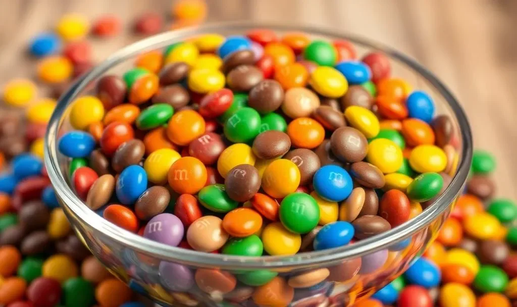 Colorful M&Ms in a glass bowl on a wooden surface.