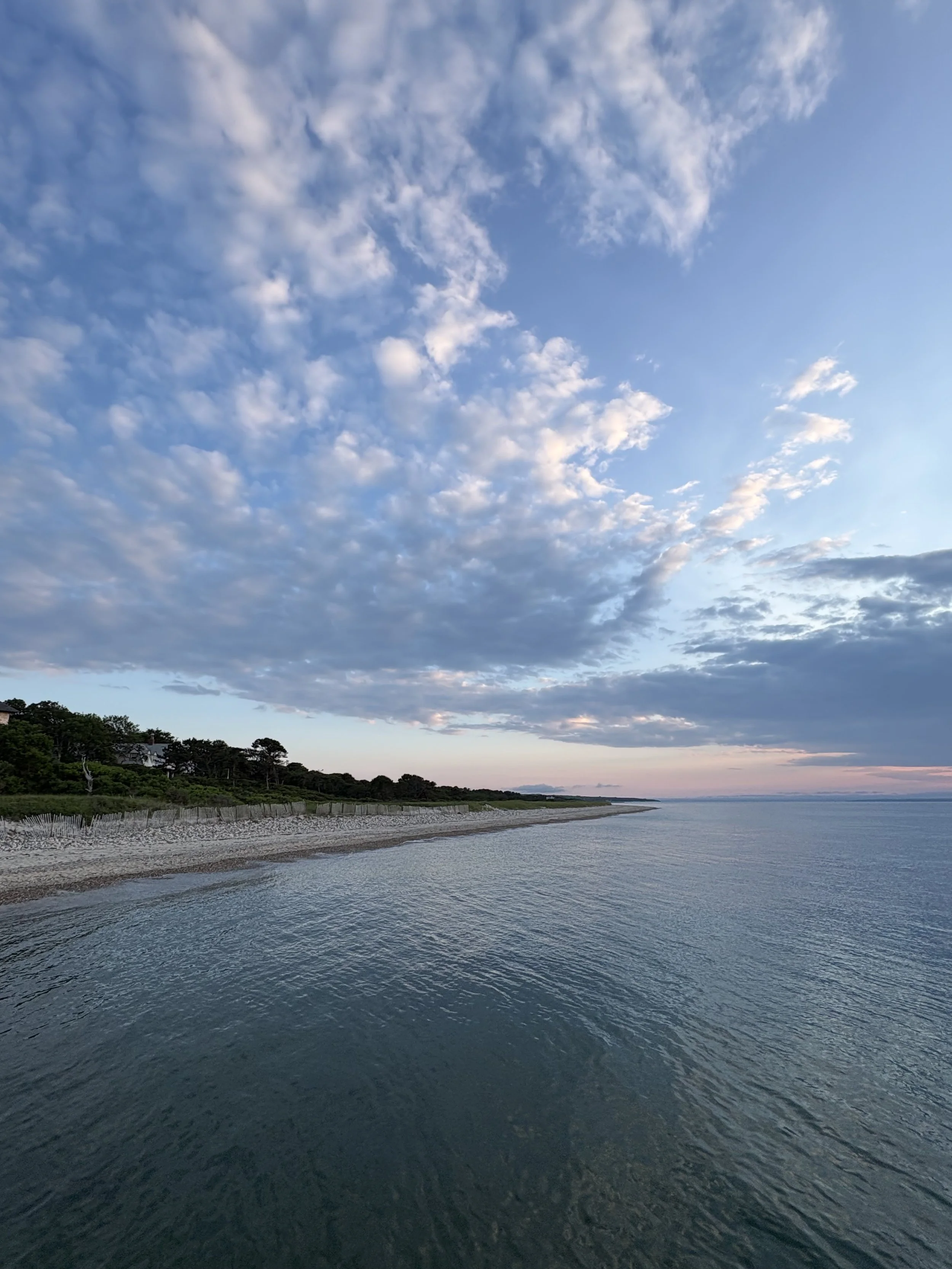 View of a calm coastal area with a sandy beach, greenery, and trees along the shoreline under a partly cloudy sky during sunset.