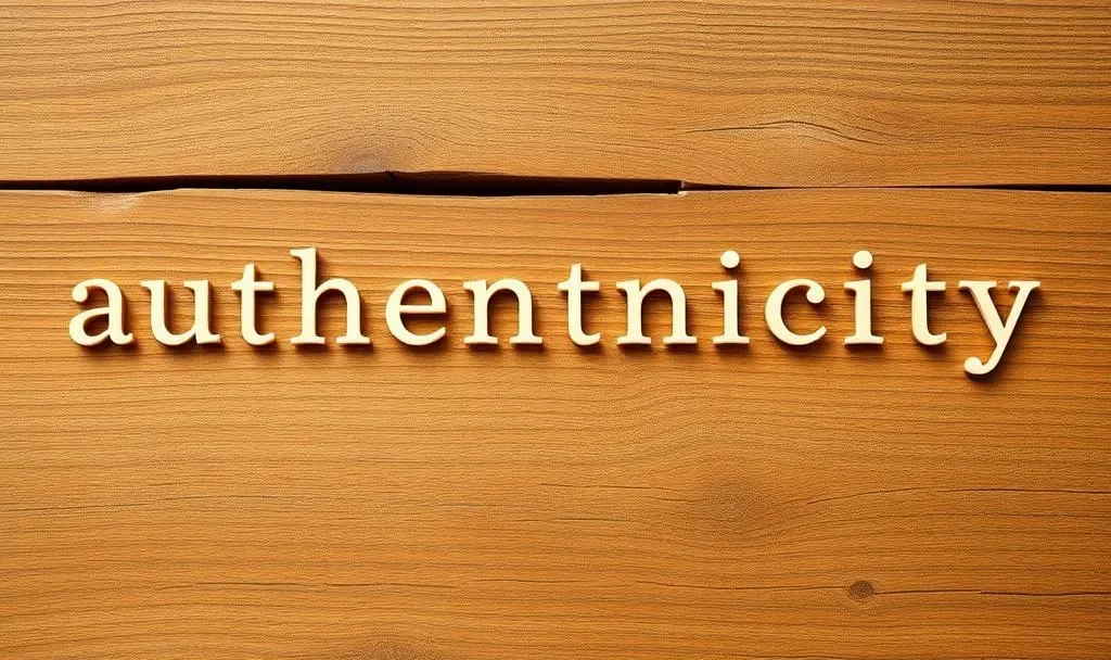 The word 'authenticity' spelled out in white letters against a wooden background.