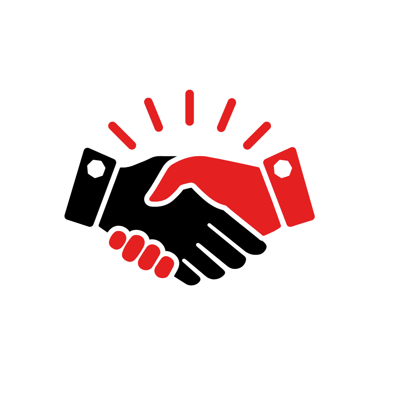 Illustration of a red hand shaking a partially visible white hand, with red lines indicating a handshake or agreement.