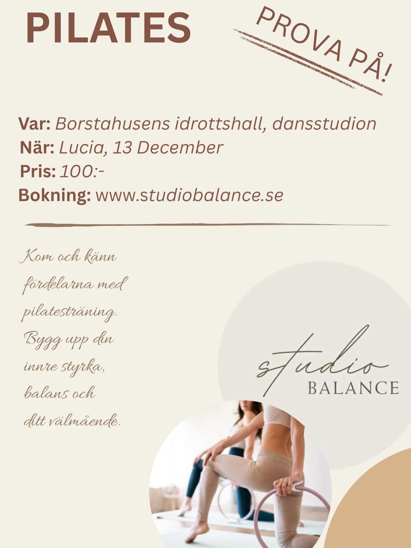 Nu startar vi med pilates matwork i borstahusens idrottshall, dansstudion. Vi har ett speciellt prova p&aring; erbjudande p&aring; Lucia dagen! Bokning g&ouml;rs p&aring; hemsidan 🤎