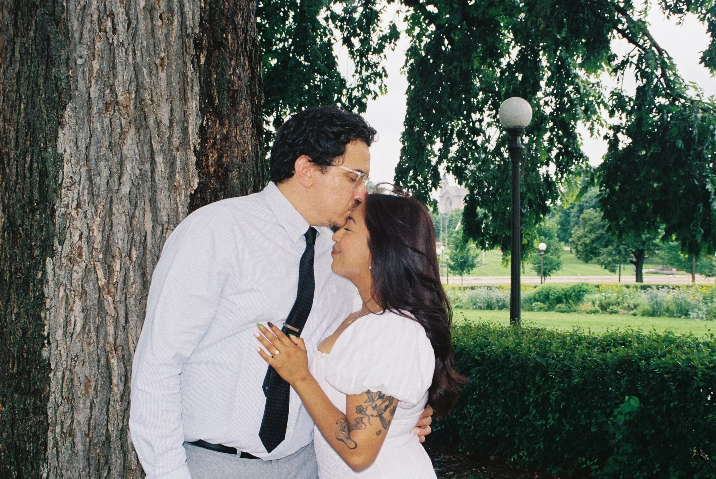 A couple embraces under a large tree in a park, with trees, grass, and lampposts in the background.