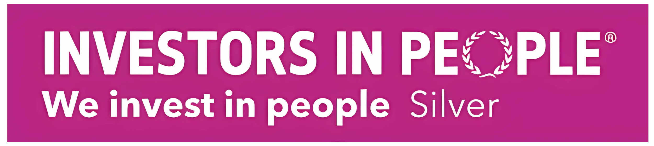 Pink background with white text that reads 'Investors in People'. Smaller white text below says 'We invest in people Silver' with a laurel wreath symbol replacing the letter 'O' in 'People'.