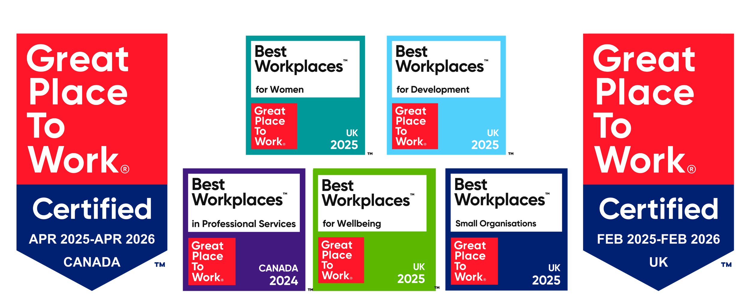 Multiple awards and certifications from Great Place to Work, including categories for Women, Development, Professional Services, Wellbeing, Small Organisations, with certification dates from 2024 to 2026 across Canada and the UK.