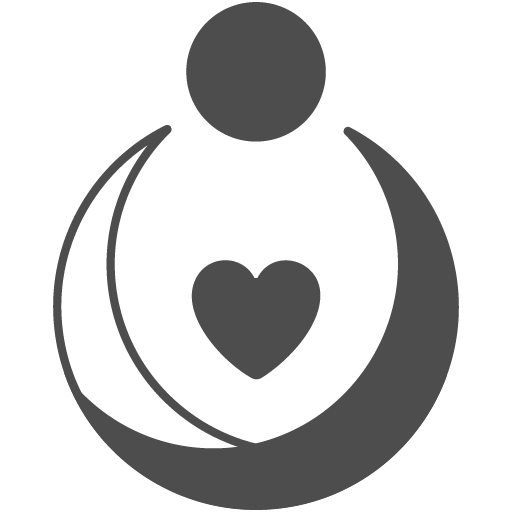A graphic design featuring a person with a larger circle for a head, a heart in the middle of the torso, and crescent shapes on either side.