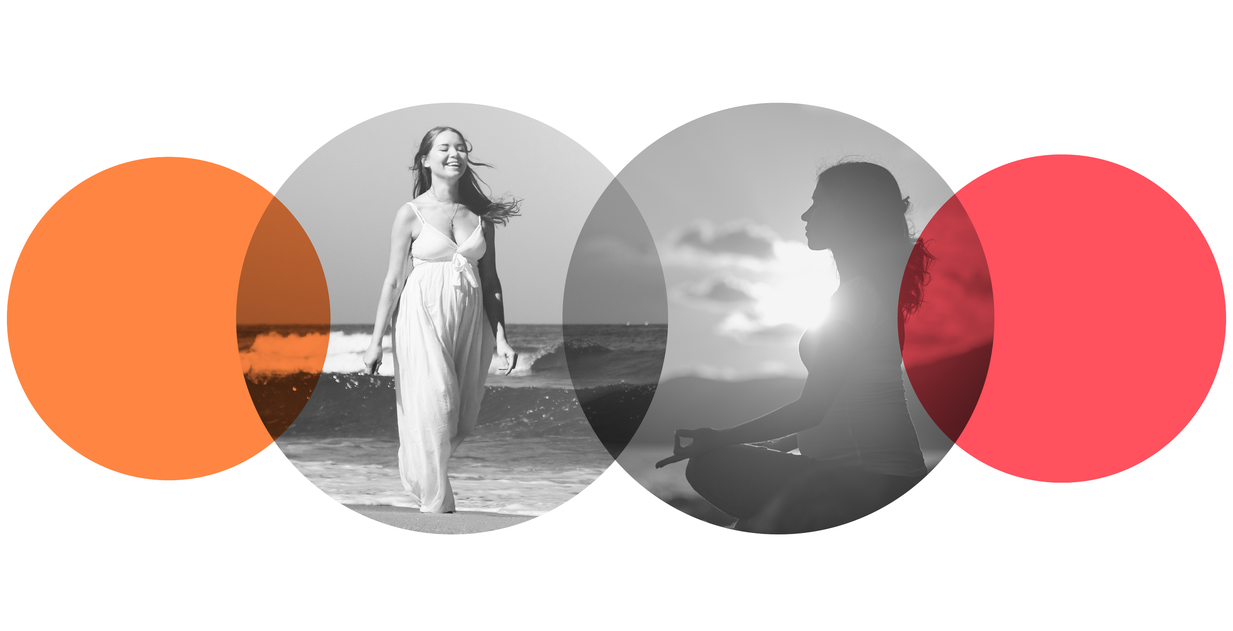 Black and white photo of two women, one standing on the beach smiling and another sitting cross-legged meditating with the sun behind them, overlaid with overlapping red and orange circles.