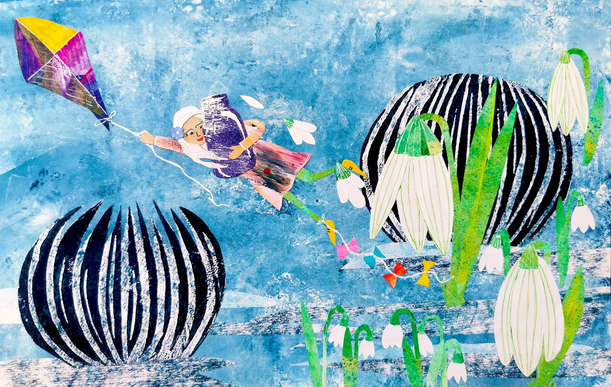 A whimsical illustration of a girl flying a kite shaped like a box, with black and white striped orbs and white and green flowers in a blue sky background.