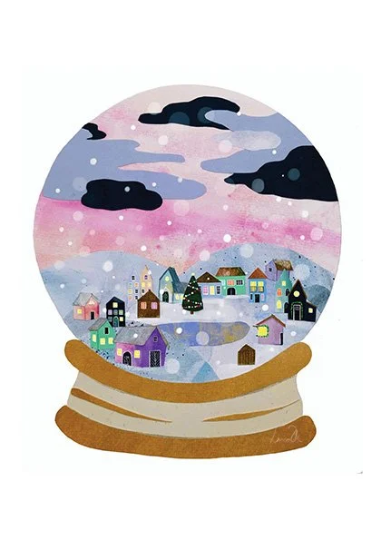 A watercolor painting of a snow globe showing a snowy village with colorful houses, trees, and mountains under a pink and purple sky with clouds.