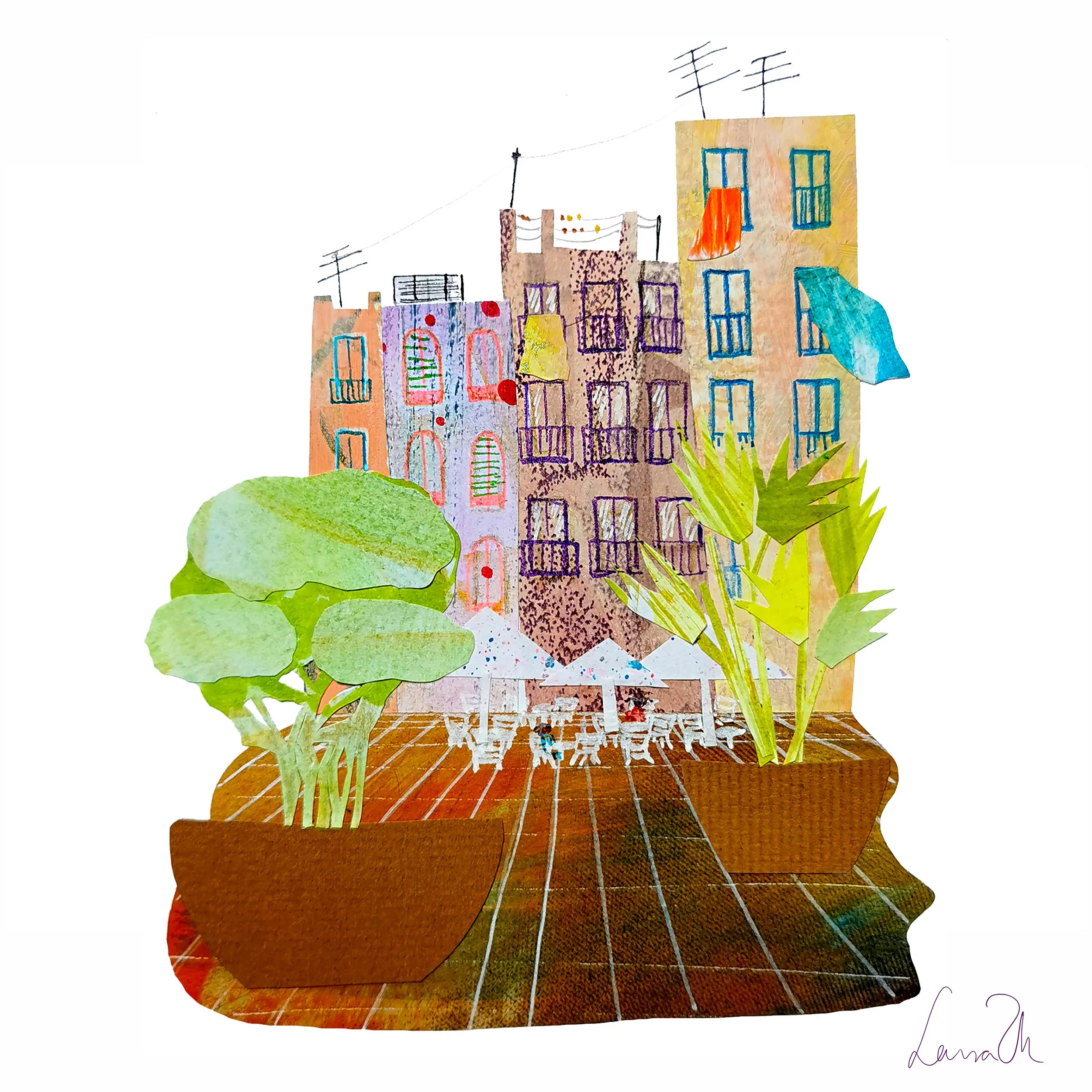 Watercolor painting of the city of Barcelona.