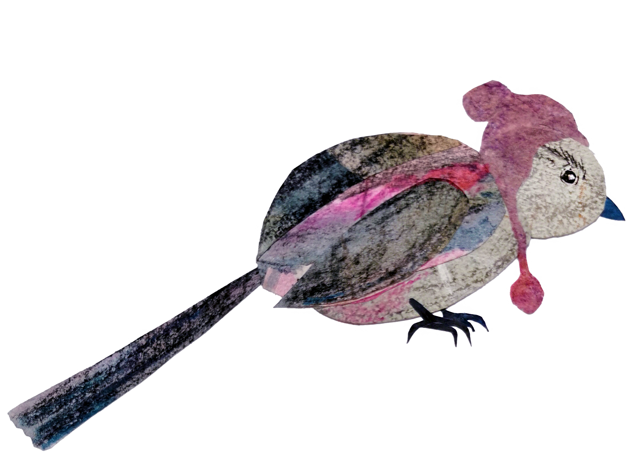 A bird with a figure of a person in a pink hoodie and a pink ball as the head.