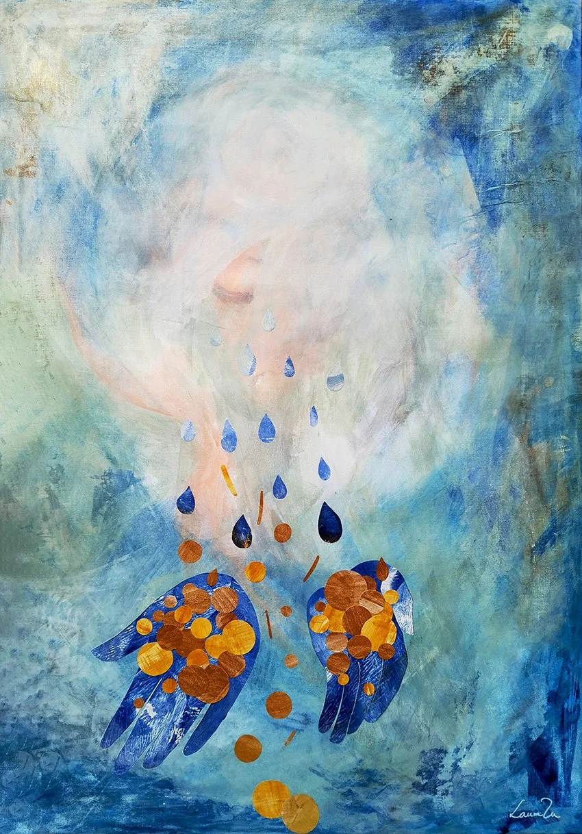 Abstract painting of a person with long hair, with hands in blue and white, dropping orange and blue coins or droplets onto a surface. The background is a mix of blue, green, and white hues.