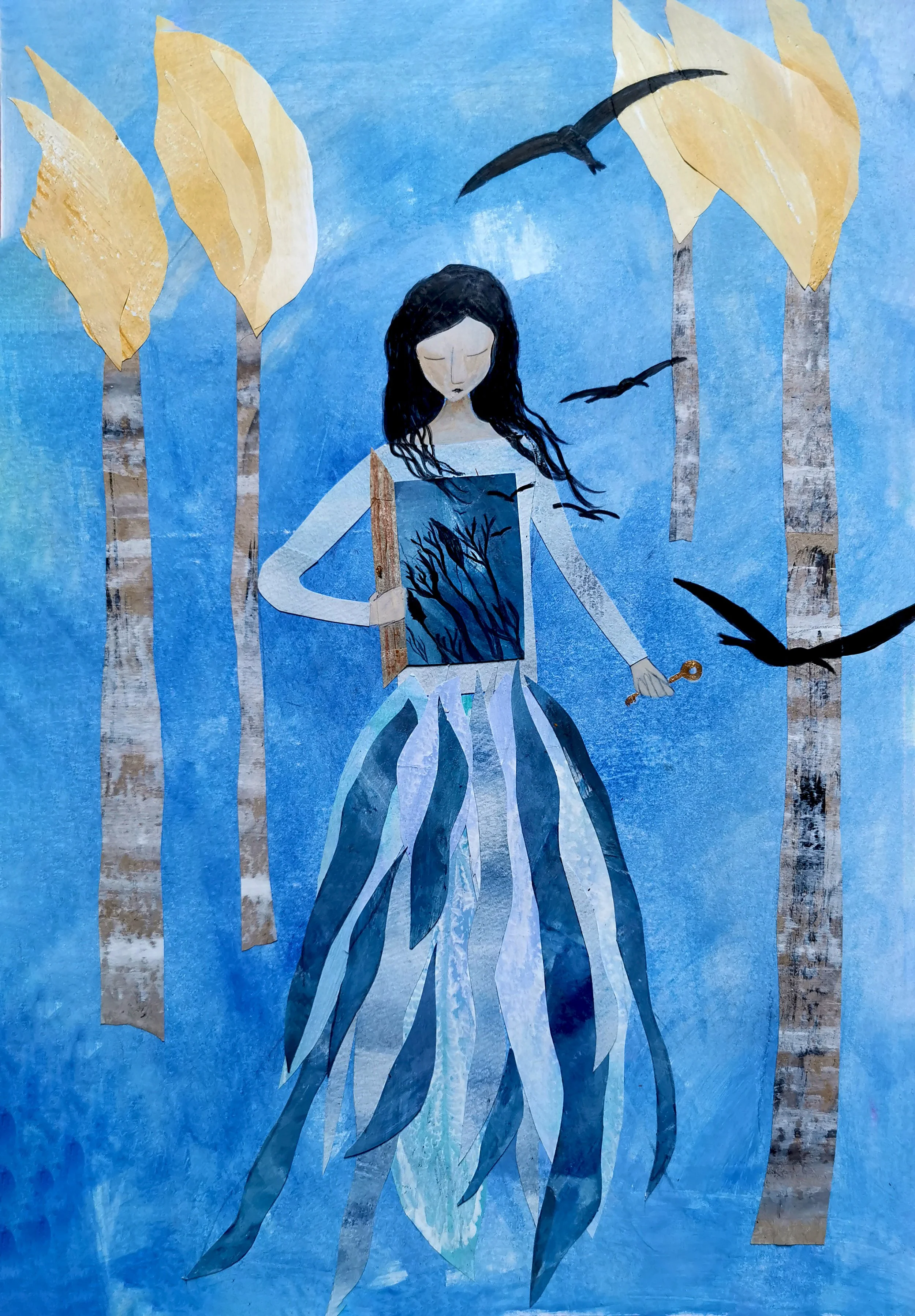 A collage-style artwork depicting a woman with long dark hair, holding a key in one hand, standing among tall trees with yellow leaves and a blue background. The woman wears a blue top with black tree-like designs and a skirt made of blue and white leaf-like shapes. Birds are flying around her.