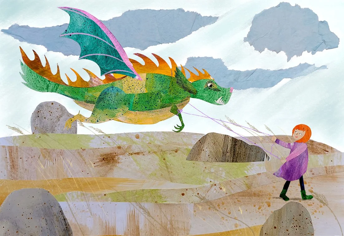 My kite - illustration for kids about a girls and her friend a real dragon.