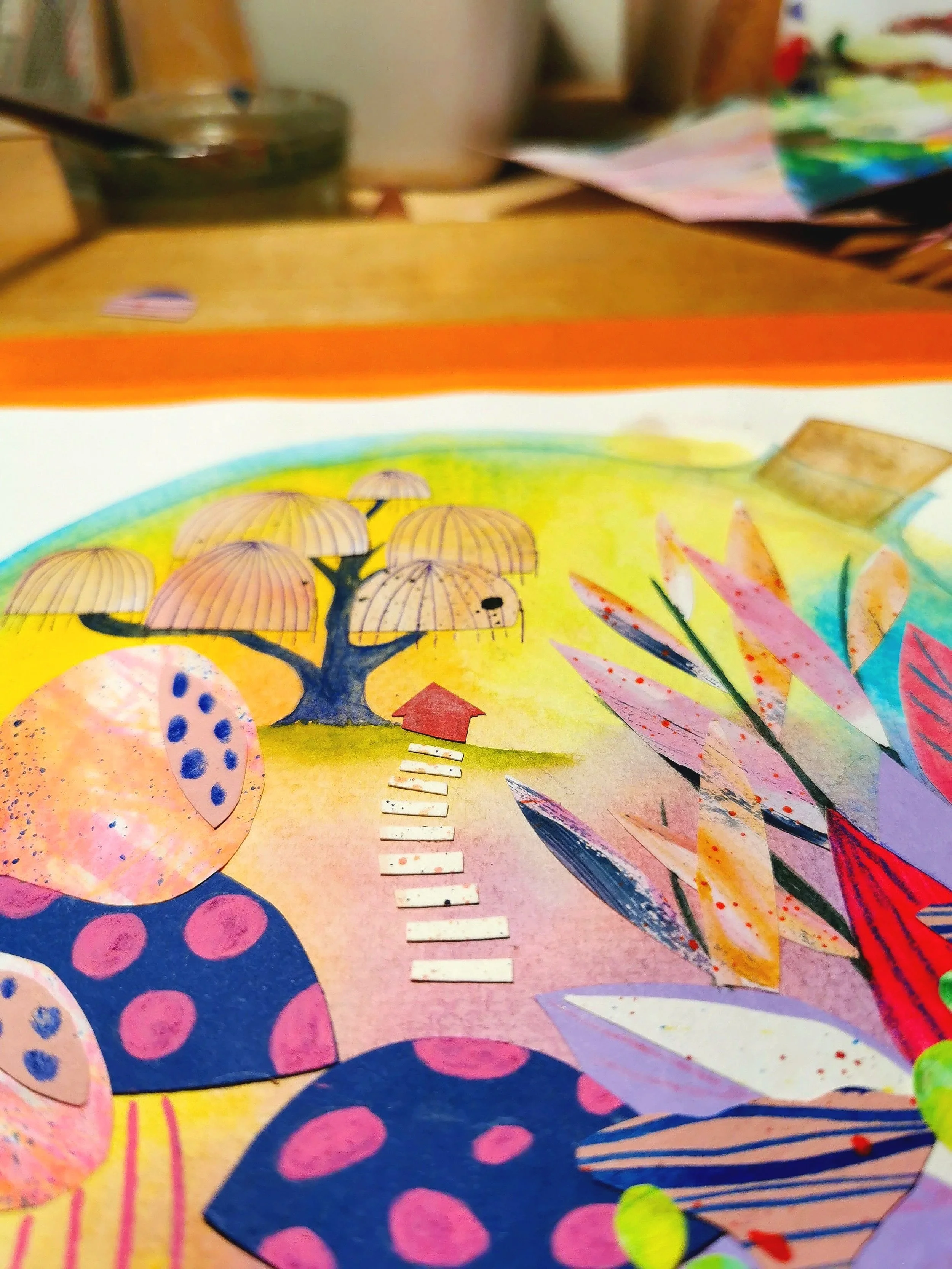 Colorful illustrated artwork featuring a tree with umbrellas for leaves, a winding pathway, and various abstract shapes and patterns.