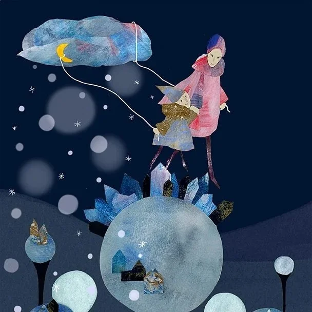 The winter elfs - mother and child walking in the winter wonderland and pulling the snowy clouds.